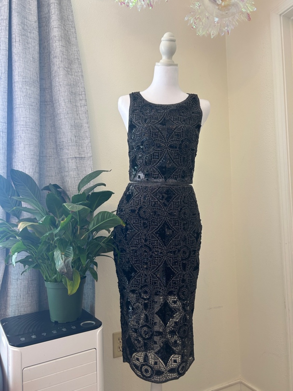 Express Black Beaded Midi Sheath Dress